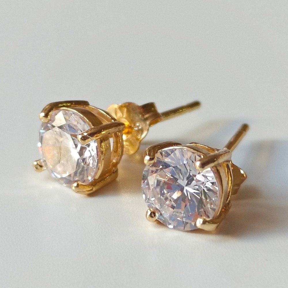 Vintage FAS 925 Sterling Silver Gold Plate Round Clear Stone Stud Earrings 5.5mm